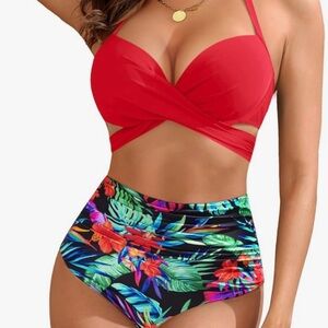 Vibrant Red and Floral Bikini Set